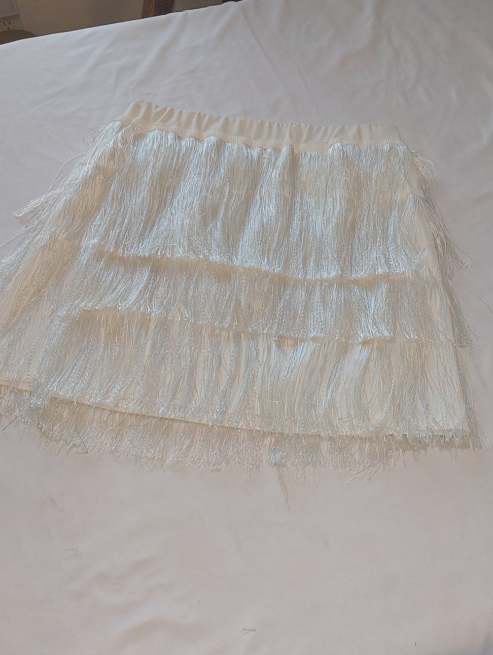 Fringe Tiered Mini Skirt in Ivory. Elastic Waist .Size L